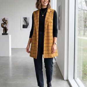 MELLODAY Mustard Windowpane Sleeveless Midi Vest Dress